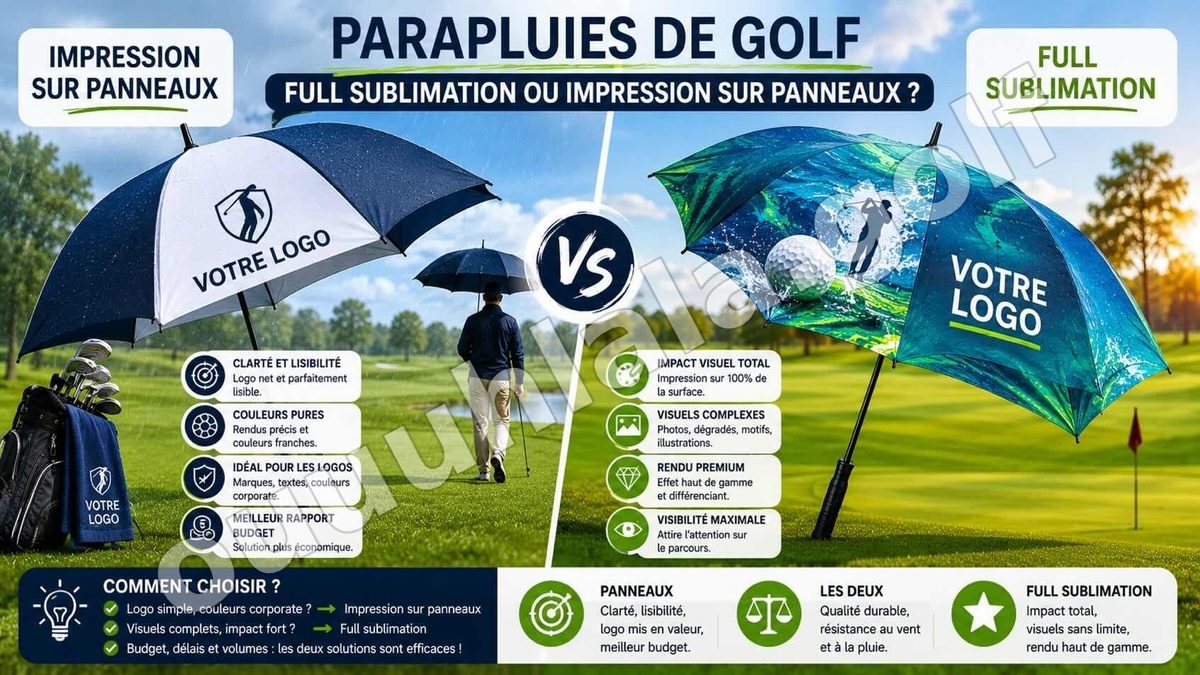 Parapluies de golf : full sublimation ou impression sur panneaux ?