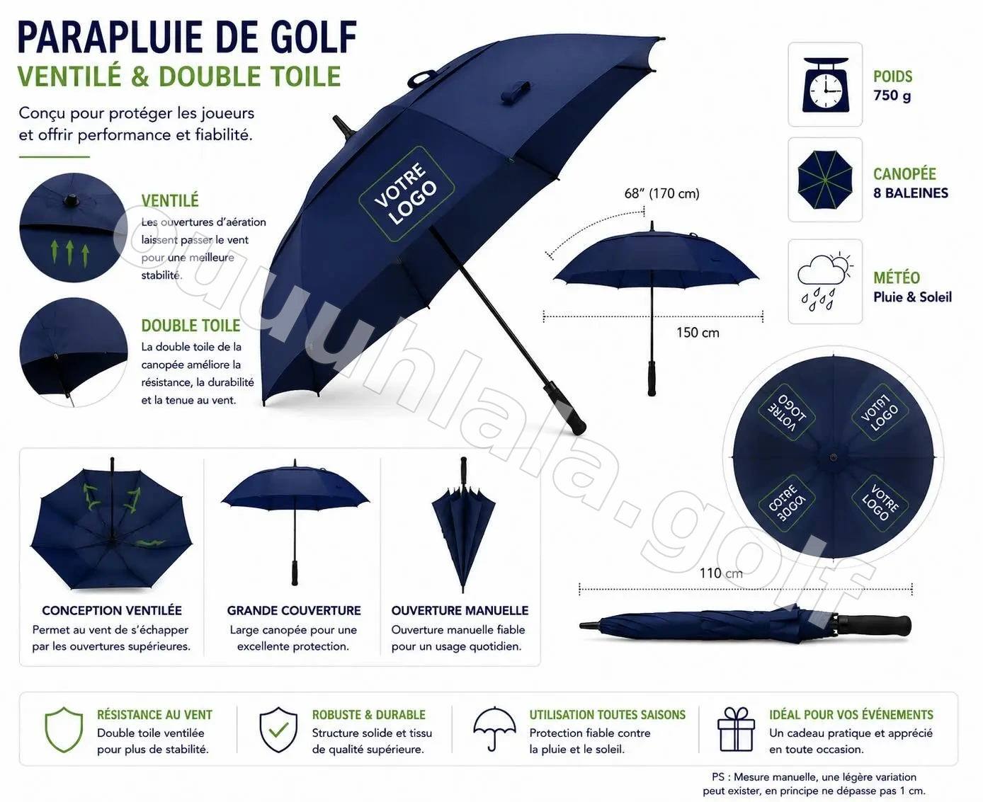Parapluie de golf 68” double toile ventilée avec logo imprimé sur 4 panneaux