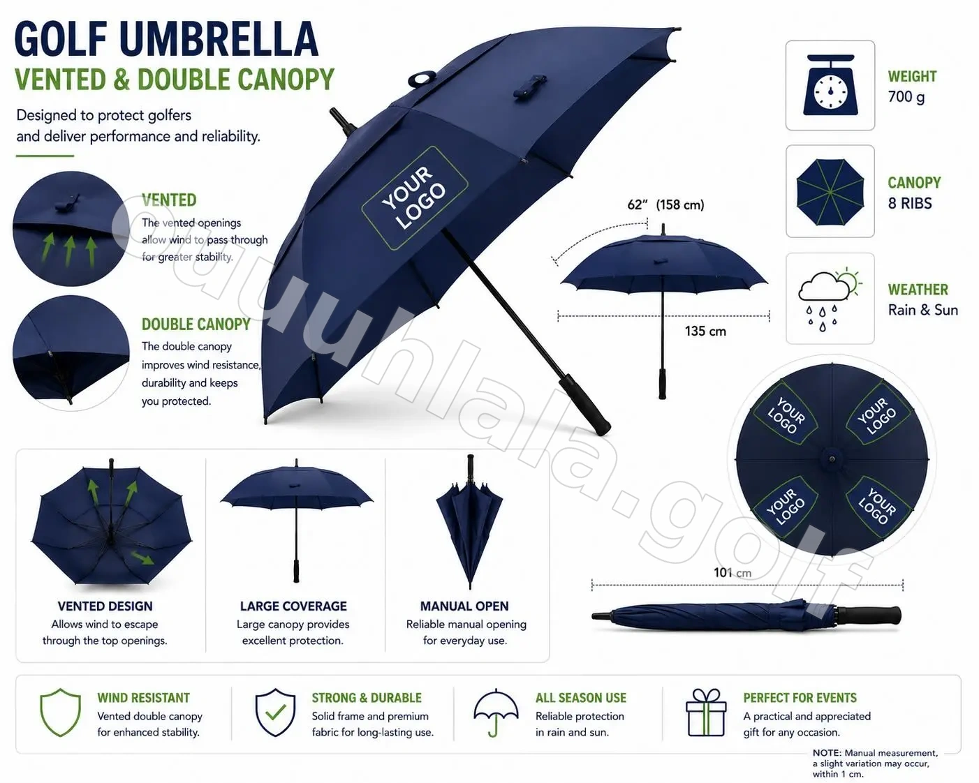 62β Vented Double Canopy Golf Umbrella