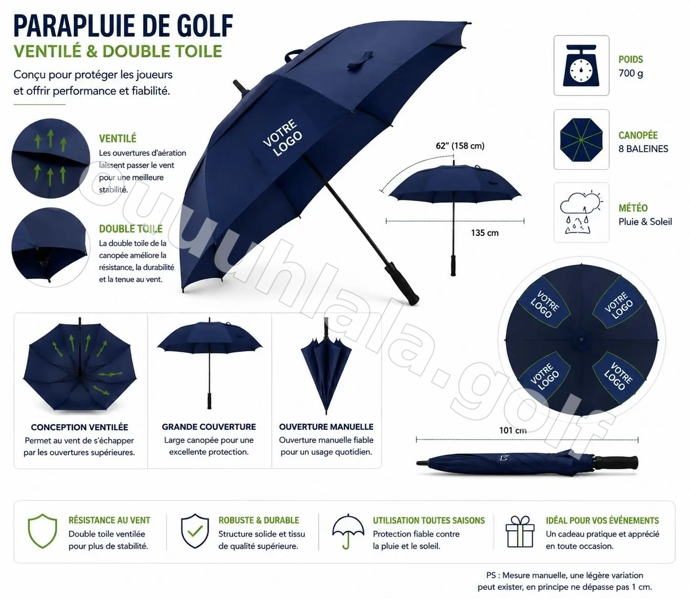 Parapluie de golf 62” double toile ventilée avec logo 4 panneaux
